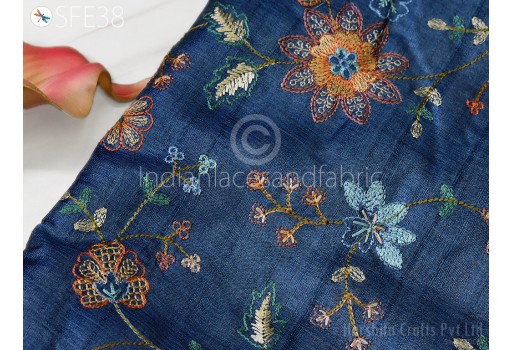 Blue Pure Tussar Silk Embroidered Fabric by the yard Indian Embroidery Raw Silk Wild Natural Handmade Fabric Peace Silk Tussah Dress Material